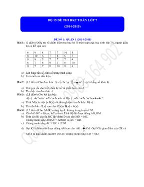 Bộ 15 đề thi học kì 2 môn Toán lớp 7 (năm 2014 - 2015)